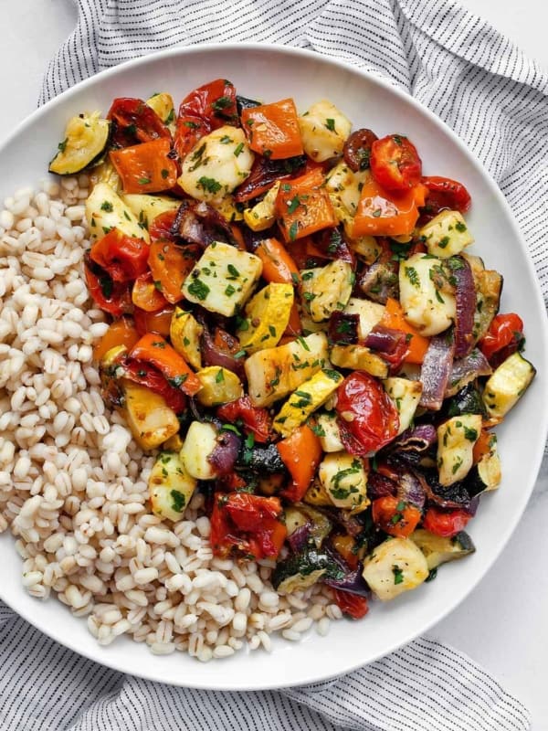 Roasted Mediterranean Vegetables and Halloumi with Barley