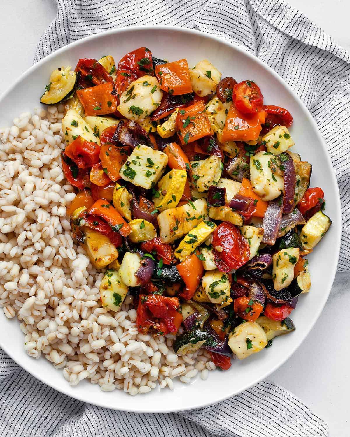 Roasted Mediterranean Vegetables and Halloumi with Barley