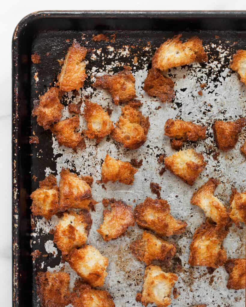 Toasted bread on a sheet pan