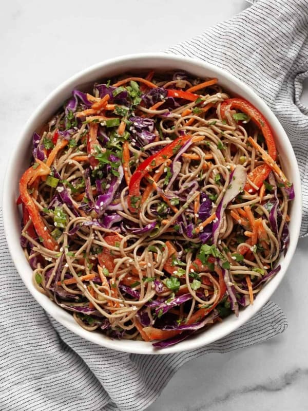 Soba noodles salad in a large bowl.