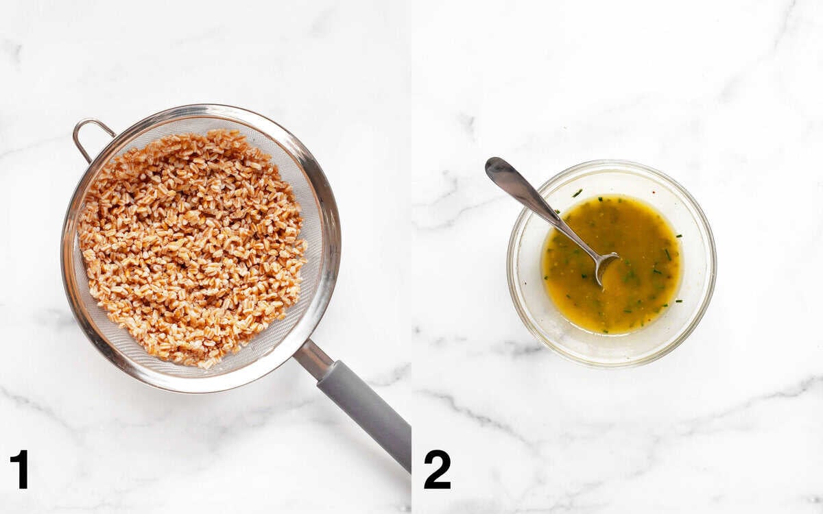 Farro in a strainer. Sald dressing whisked in a small bowl.