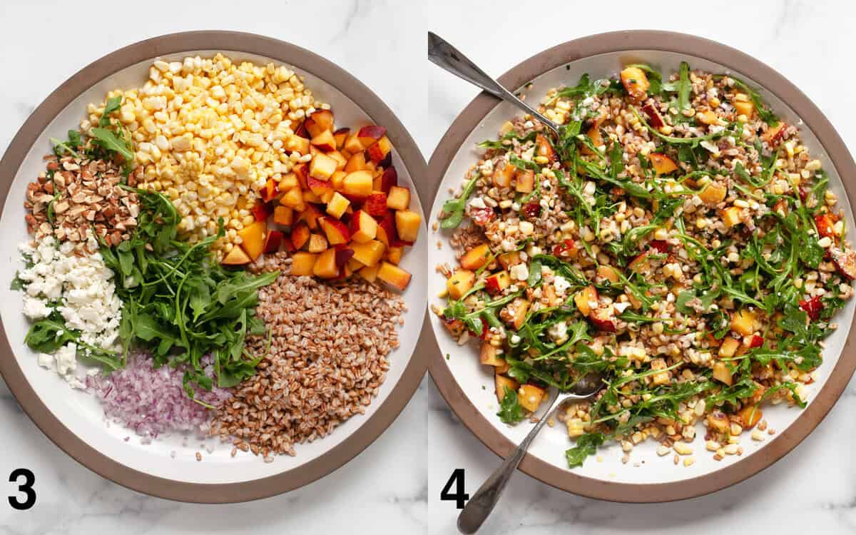 Salad ingredients assembled in a large bowl. Salad tossed with vinaigrette.