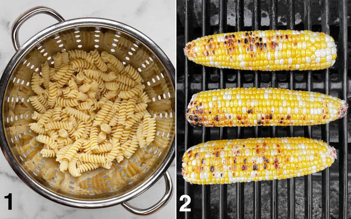 Pasta in a colander. Three ears of corn on the grill.