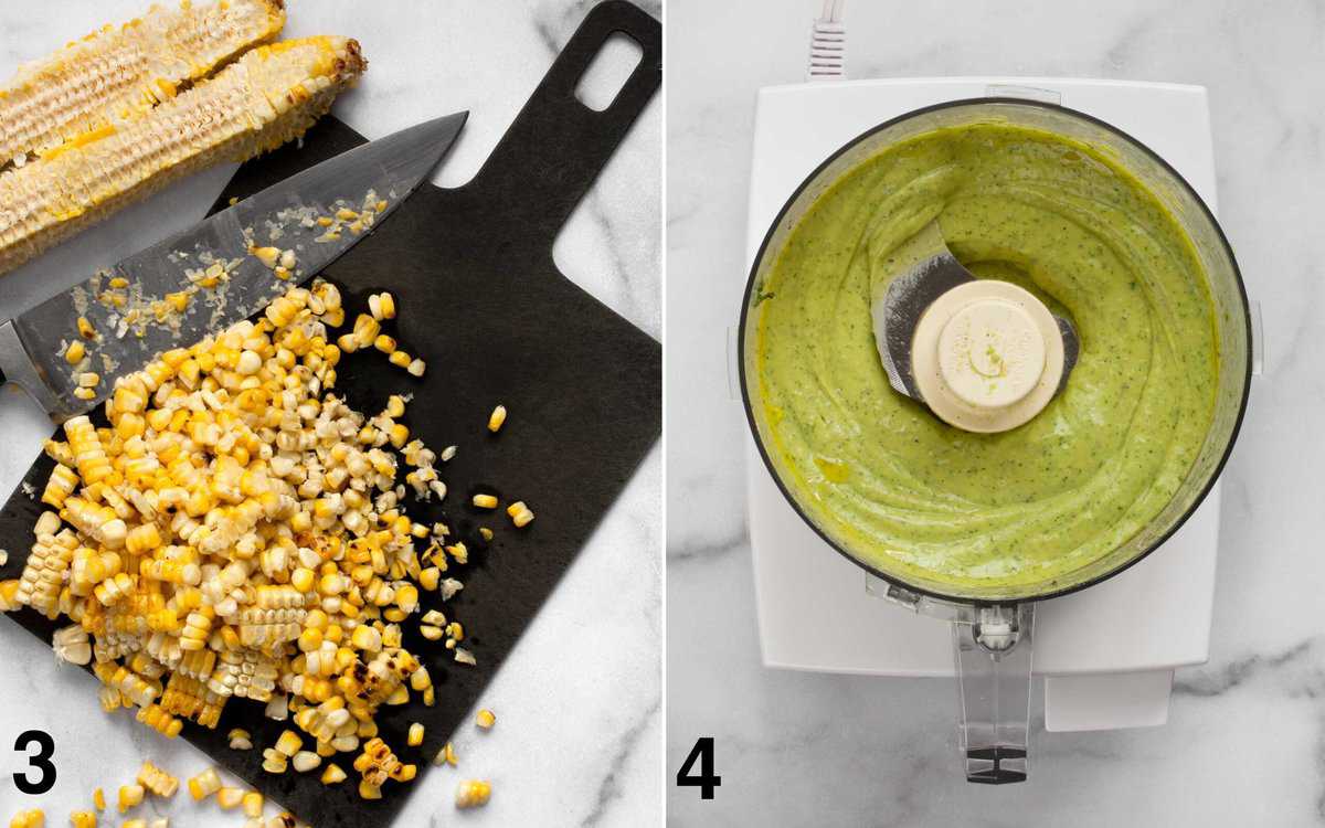 Kernels sliced off grilled ears of corn on a cutting board. Avocado lime dressing pureed in the bowl of a food processor.