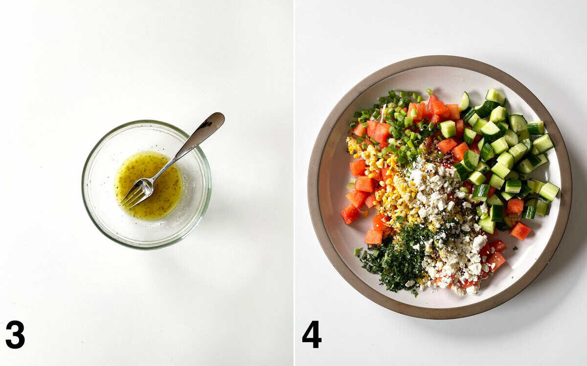 Salad dressing in a small bowl. Salad ingredients assembled in a large bowl.