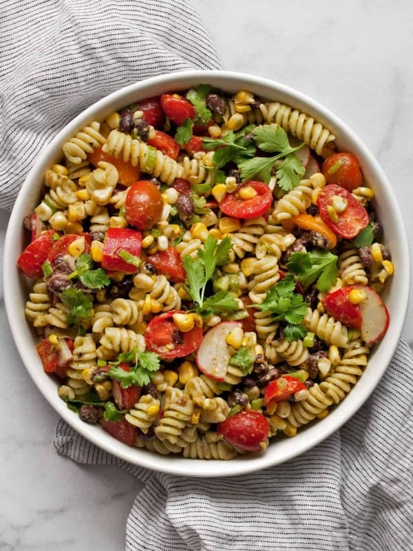 Southwest pasta salad in a bowl.