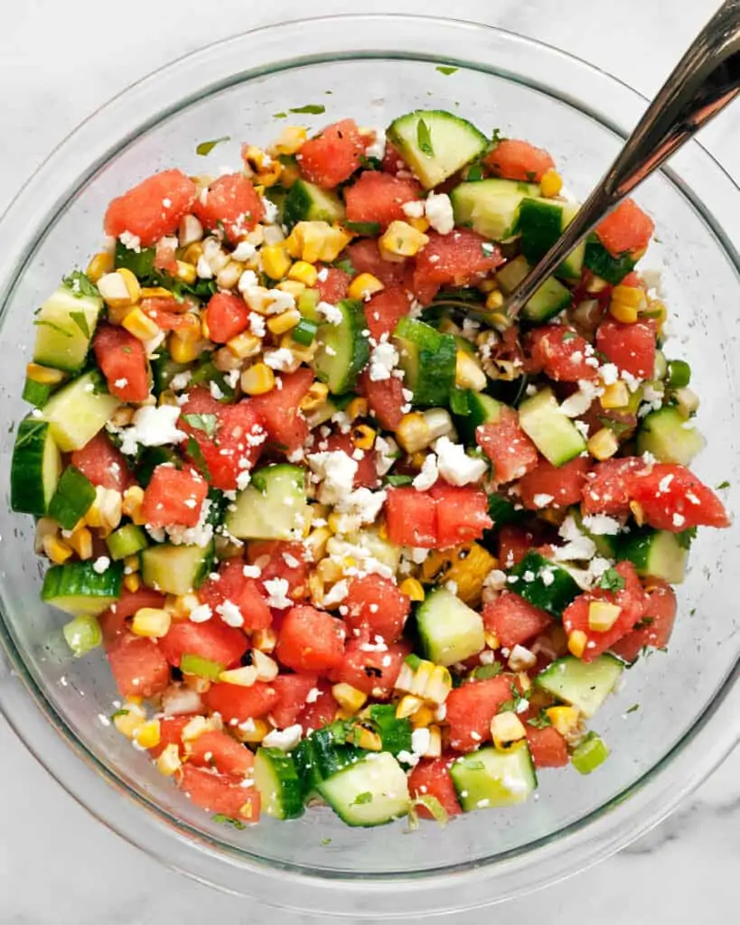 Combine the watermelon salad ingredients