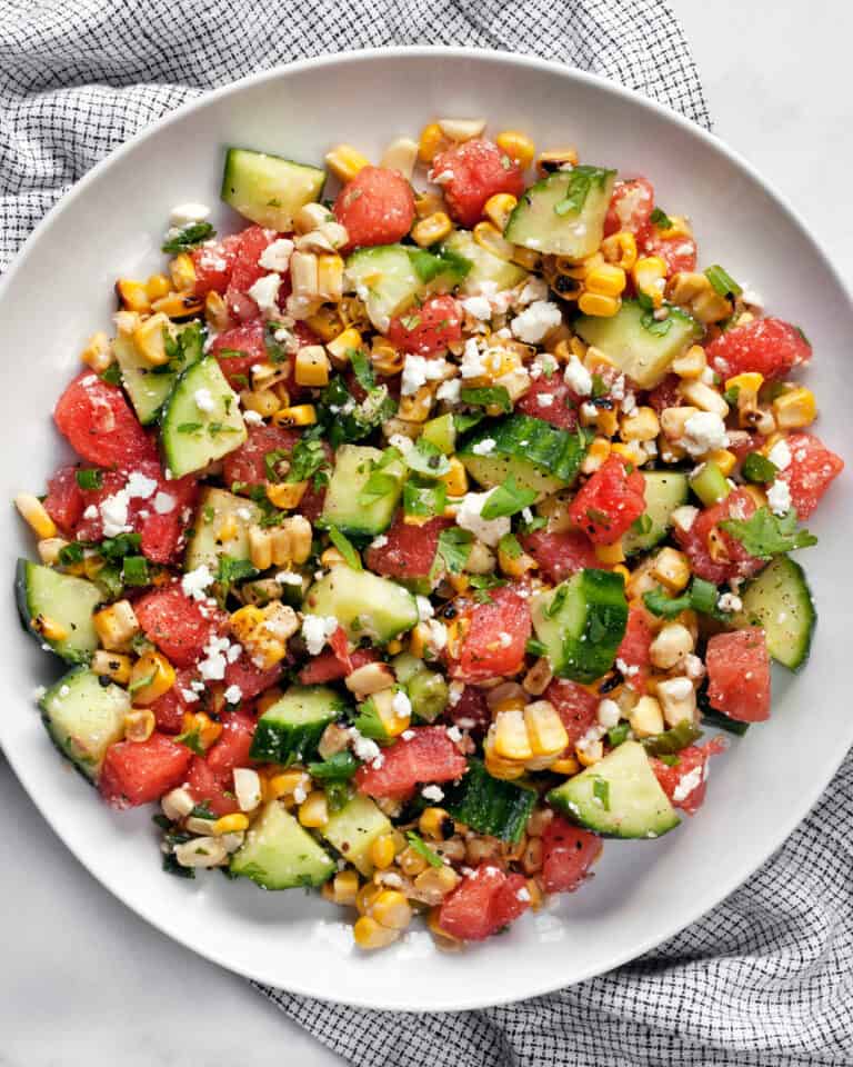Watermelon Cucumber Salad with Feta and Grilled Corn Last Ingredient