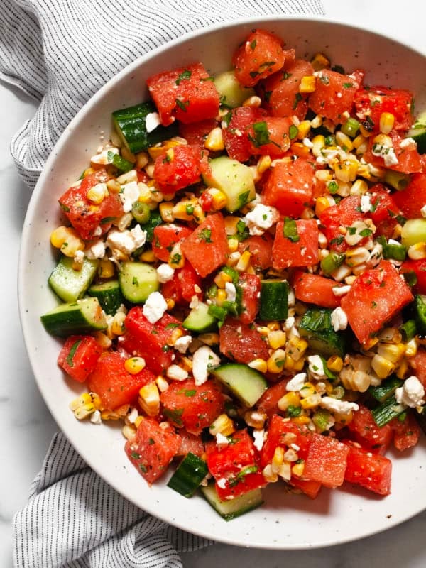 Watermelon cucumber salad in a bowl.