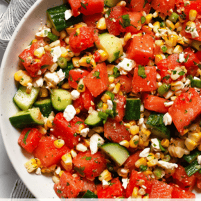 Watermelon cucumber corn salad in a bowl.