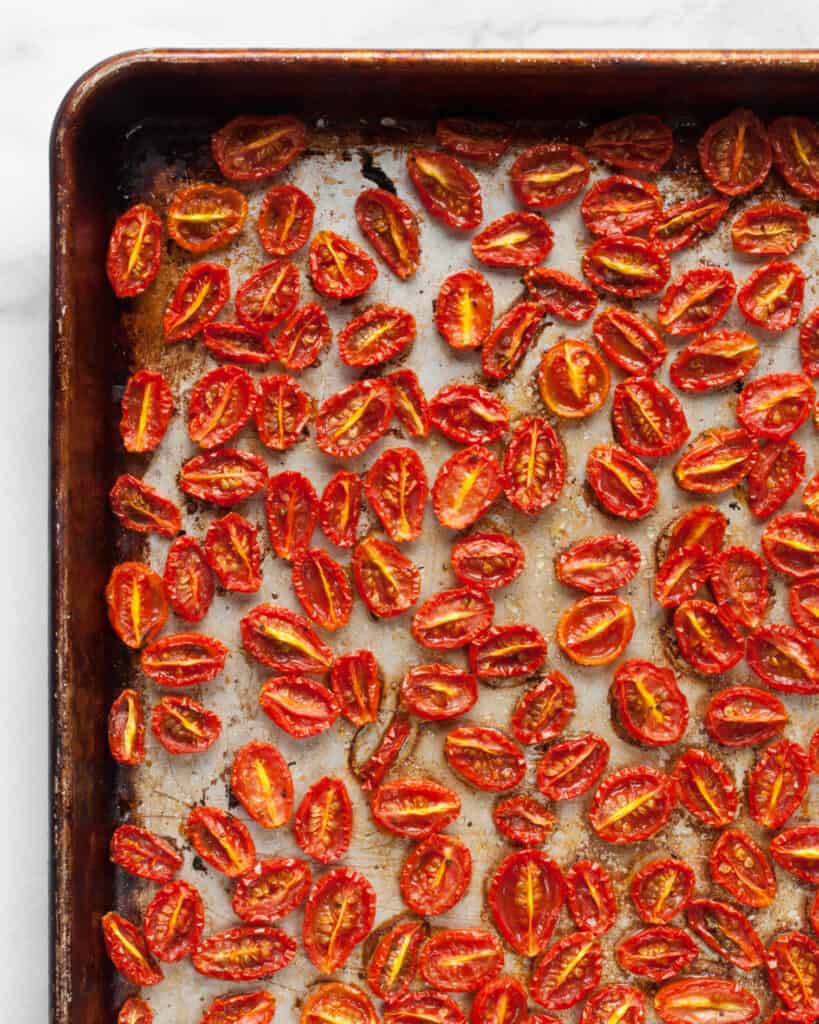 Roasted tomatoes on a sheet pan