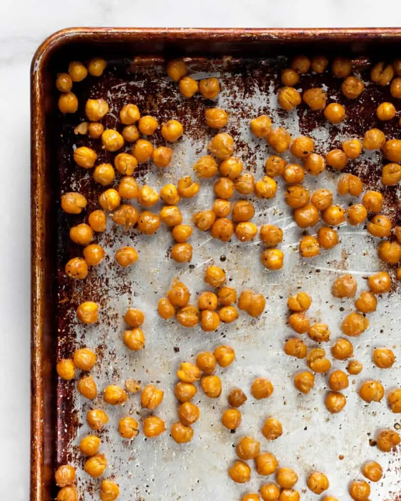 Roasted chickpeas on a sheet pan