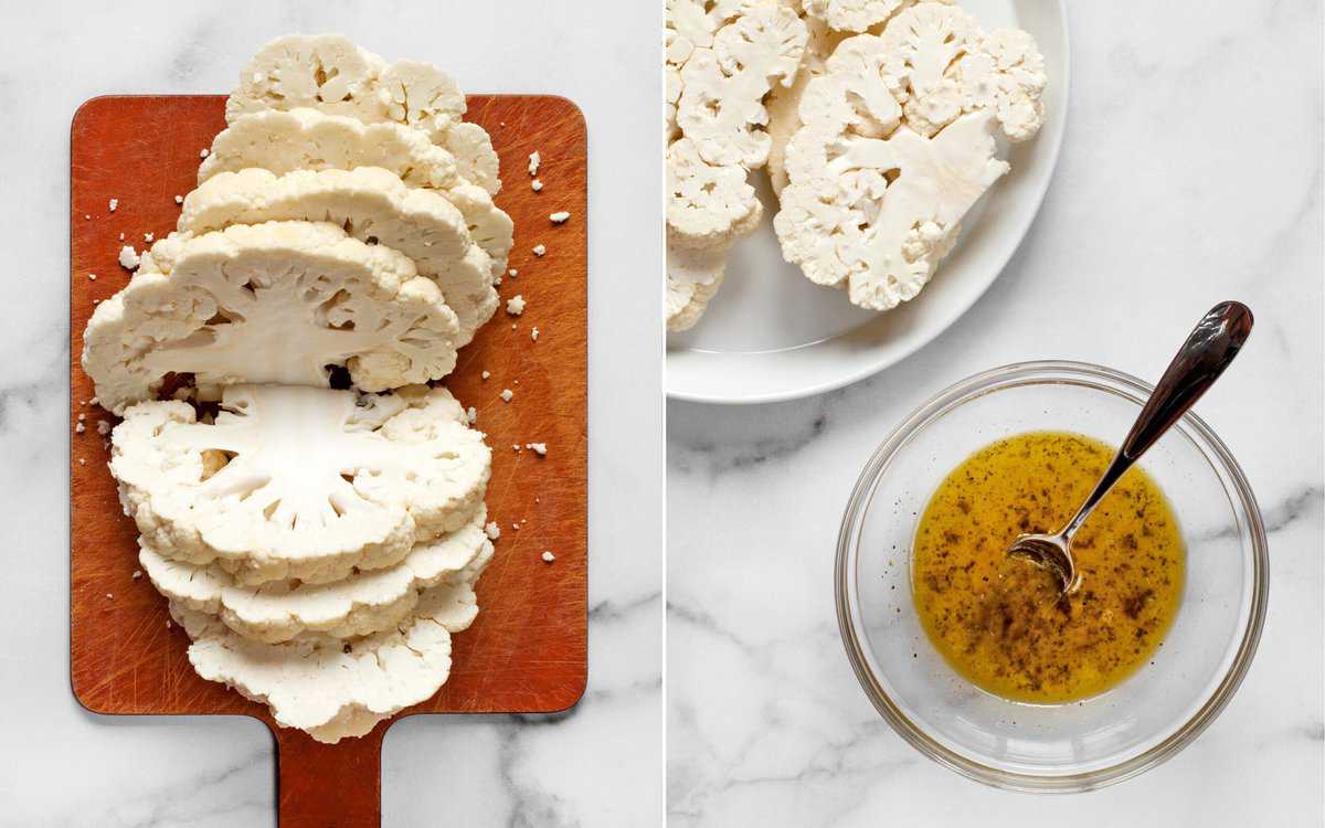 Slice the cauliflower on a cutting board. Brush it with marinade.