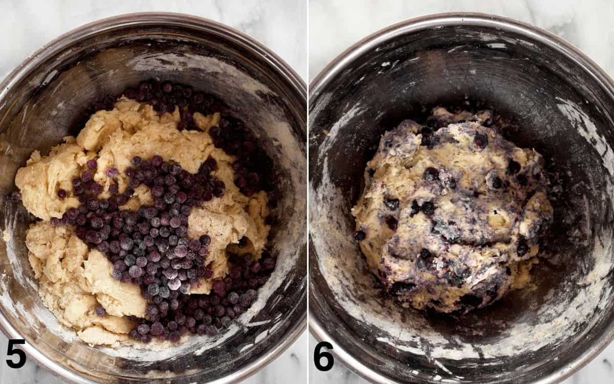 Blueberries before and after they are incorporated into the scone dough.