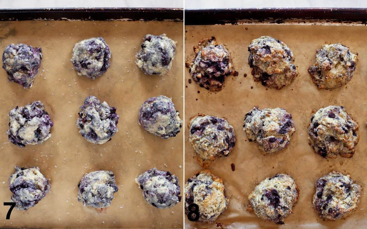 Scones on a sheet pan before and after they are baked.