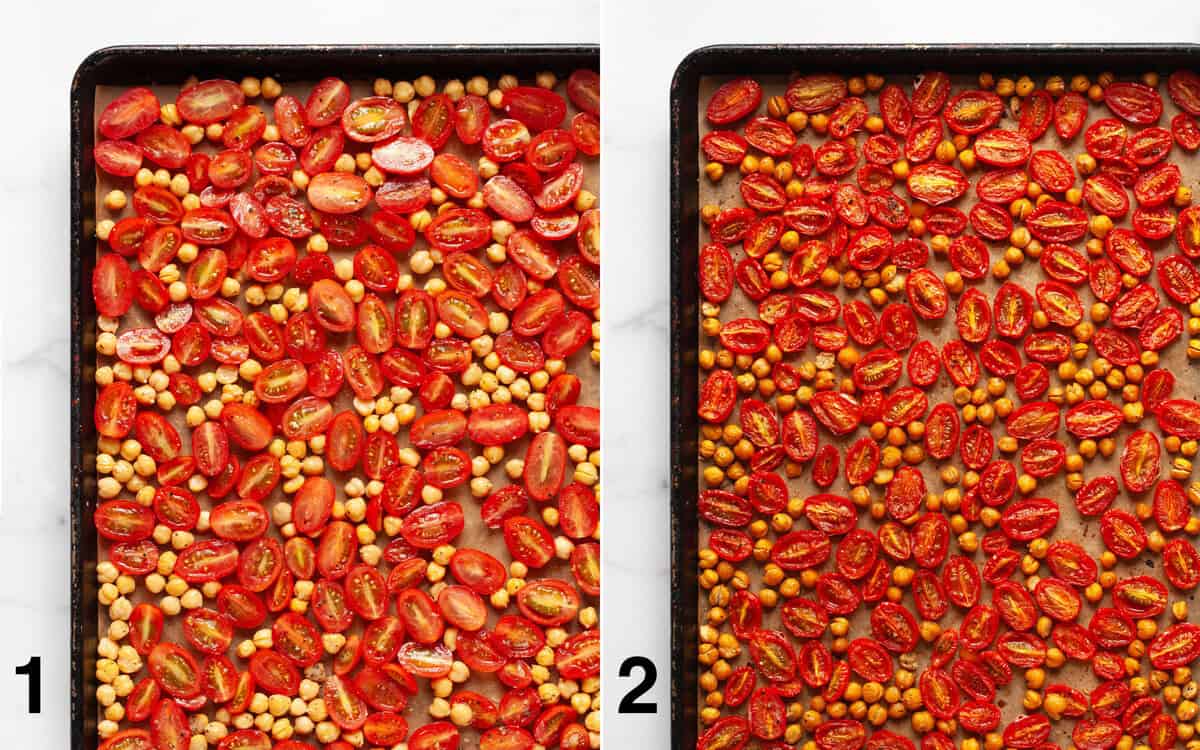Tomatoes and chickpeas on a sheet pan before and after they roast.