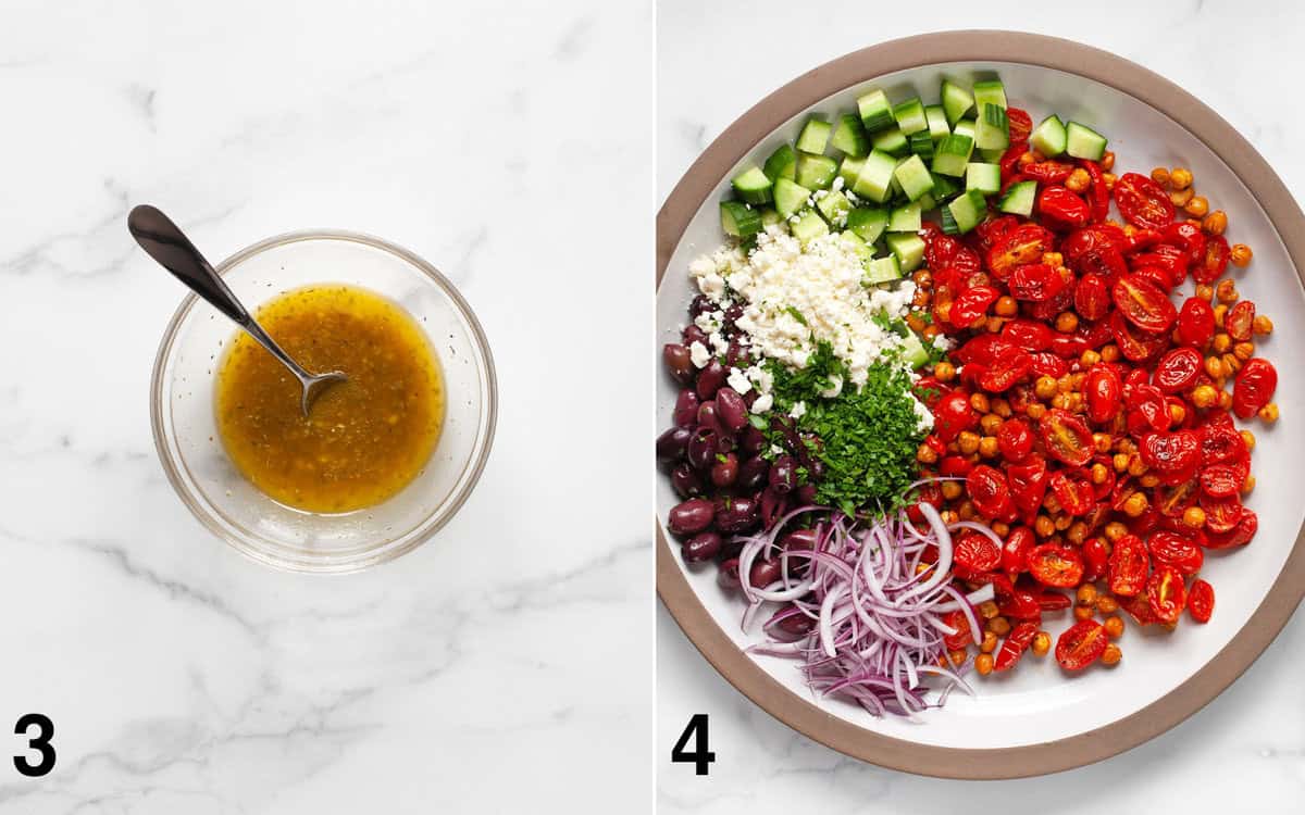 Red wine vinaigrette in a small bowl. Salad ingredients assembled in a large bowl.