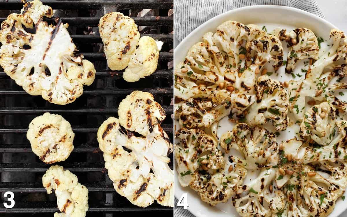 Cauliflower on the grill. Cauliflower on a plate topped with parsley and pine nuts.