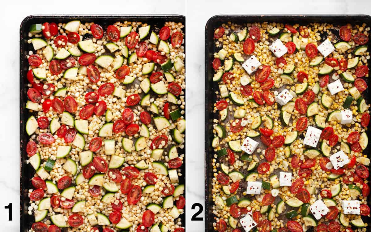 Zucchini, corn and tomatoes on a sheet pan before they roast. Partially roasted veggies with feta cubs on the pan.