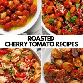 Images of 4 recipes including cherry tomato confit, tomato gnocchi, roasted tomato potato salad and roasted tomato orecchiette.