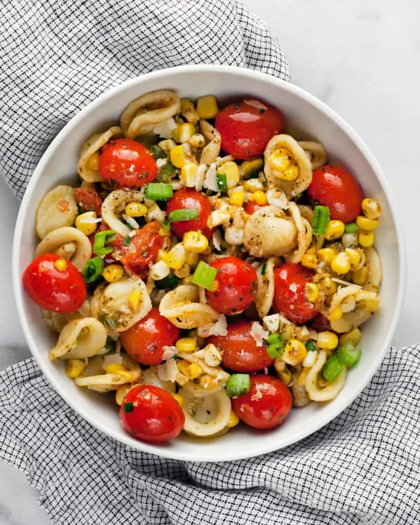 Orecchiette pasta with corn and tomatoes