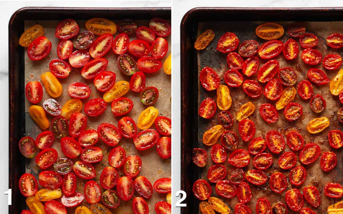 Tomatoes on a sheet pan before and after they are roasted.