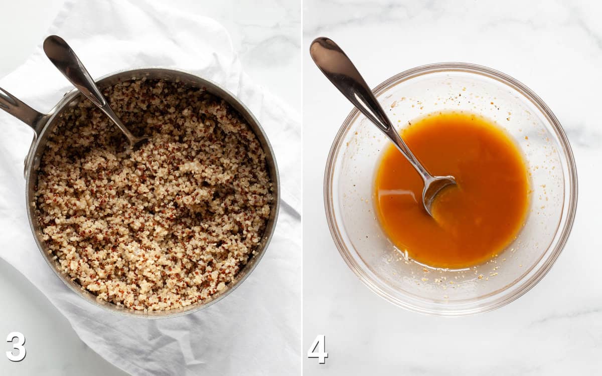 Cooked quinoa in a pot. Vinaigrette whisked in a small bowl.