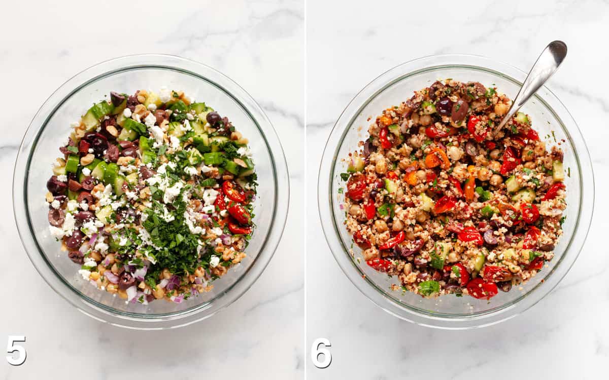 Salad ingredients assembled in a large bowl. Salad tossed with vinaigrette.