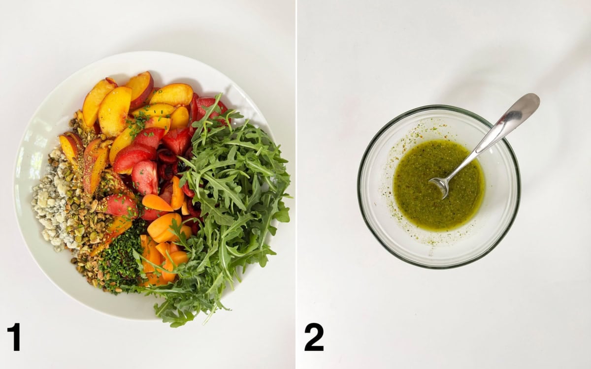 Salad ingredients assembled in a large bowl. Pesto vinaigrette whisked in a small bowl.