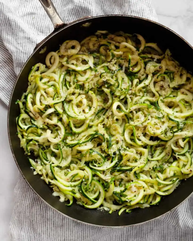 Zucchini noodles in a skillet