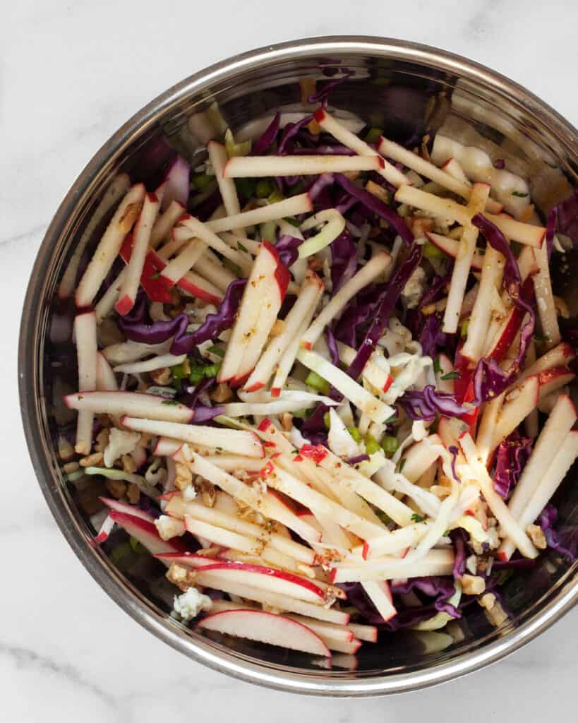Bowl with apples, cabbage, scallions, walnuts and blue cheese