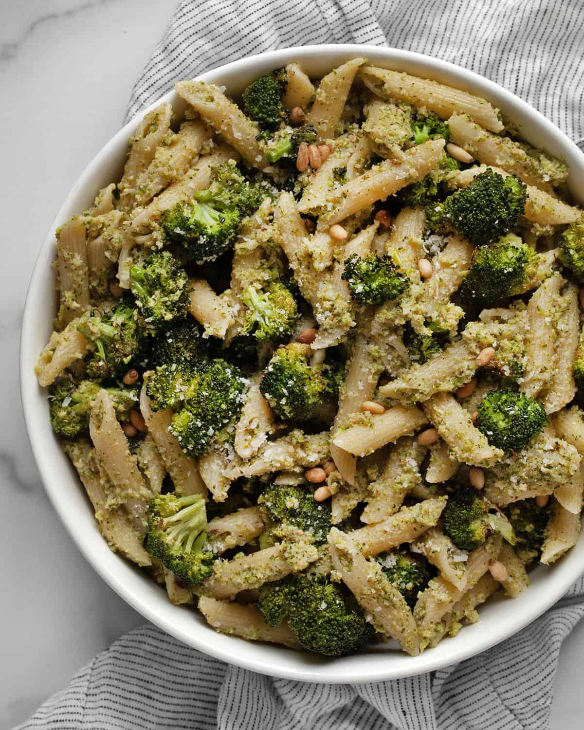 Broccoli pesto pasta in a bowl.