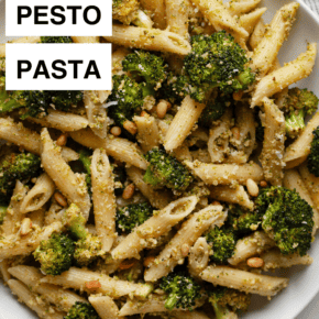Broccoli pesto pasta in a bowl.