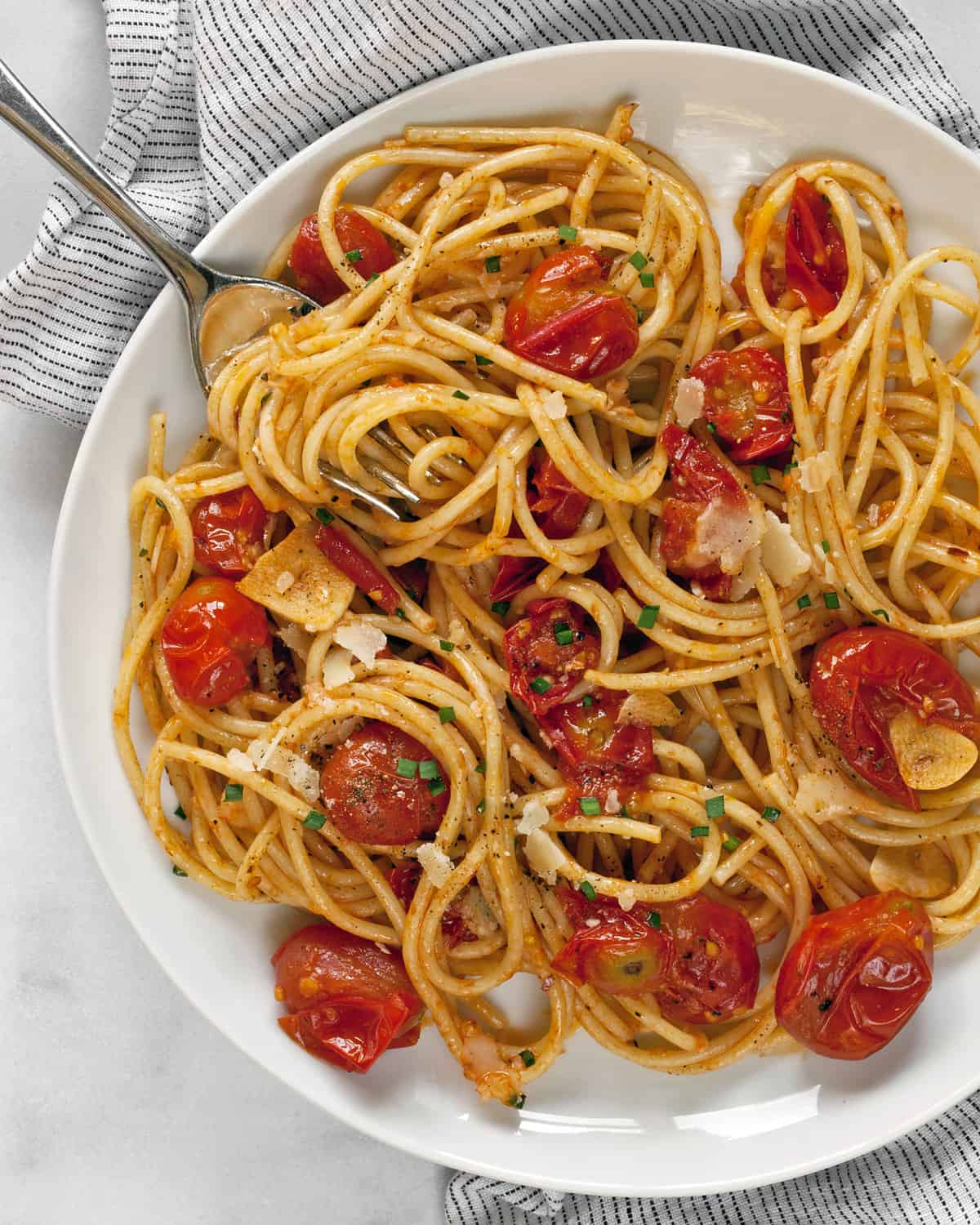 Cherry tomato pasta on a plate.