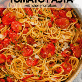 Cherry tomato pasta in a skillet.