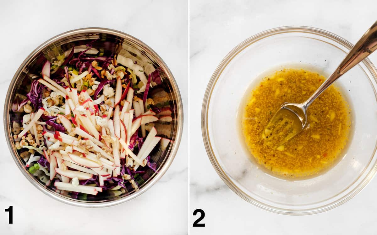 Salad ingredients assembled in a bowl. Dressing in a small bowl.