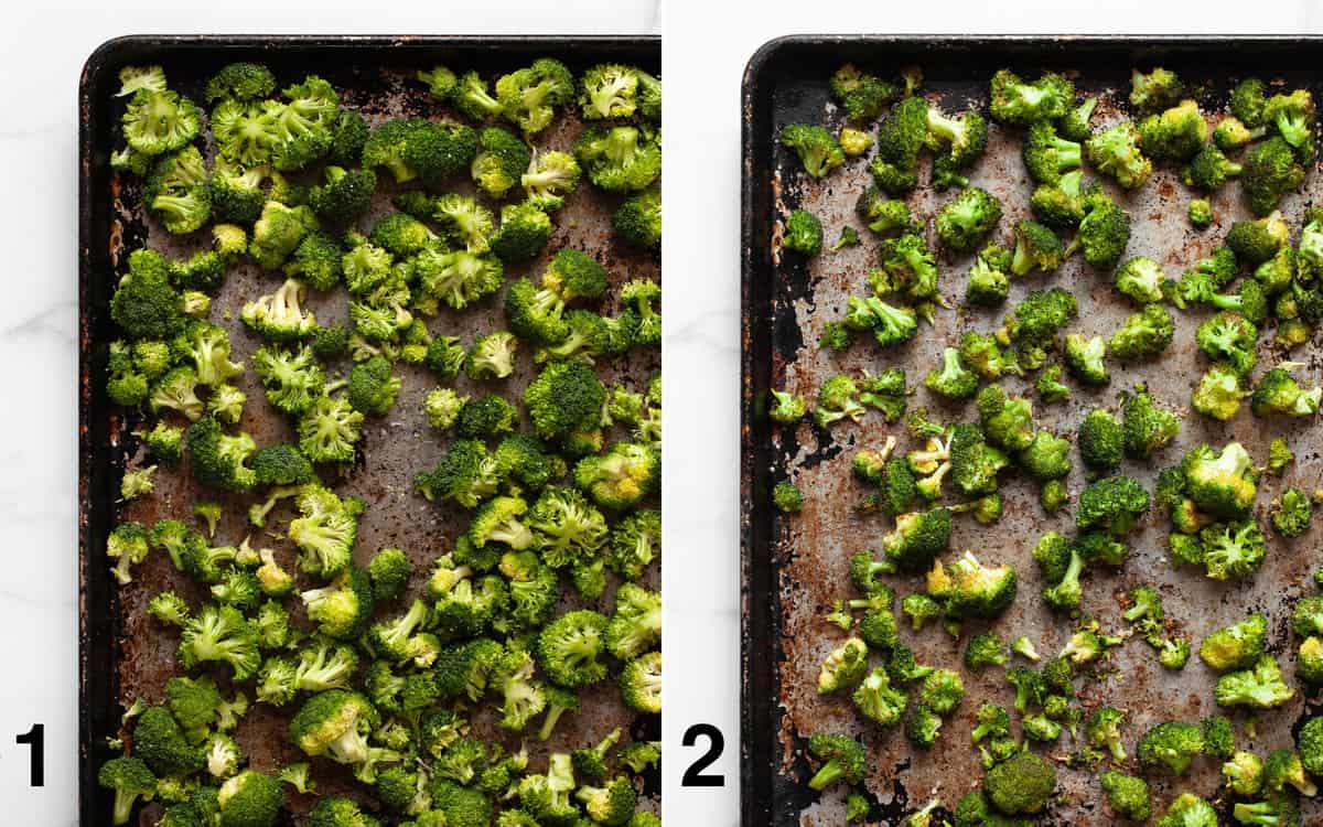 Broccoli on a sheet pan before and after it is roasted.