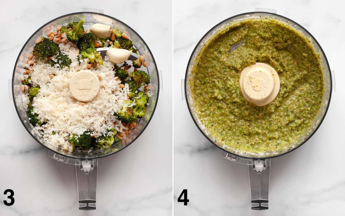 Pesto ingredients in a food processor before and after they are pureed.