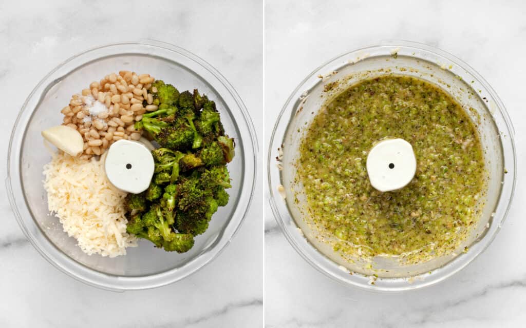 Ingredients for broccoli pesto in food processor bowl before and after being pureed