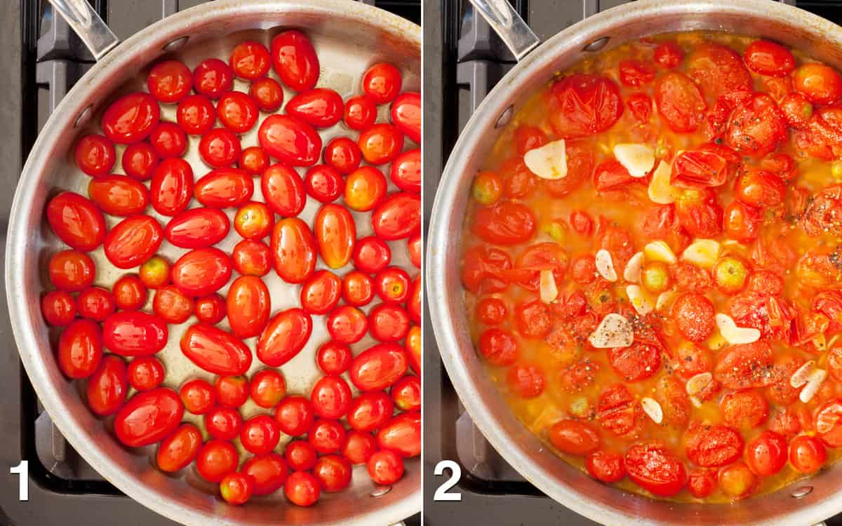 Tomatoes sauteing in a skillet. Tomatoes bursting with garlic and spices stirred in.