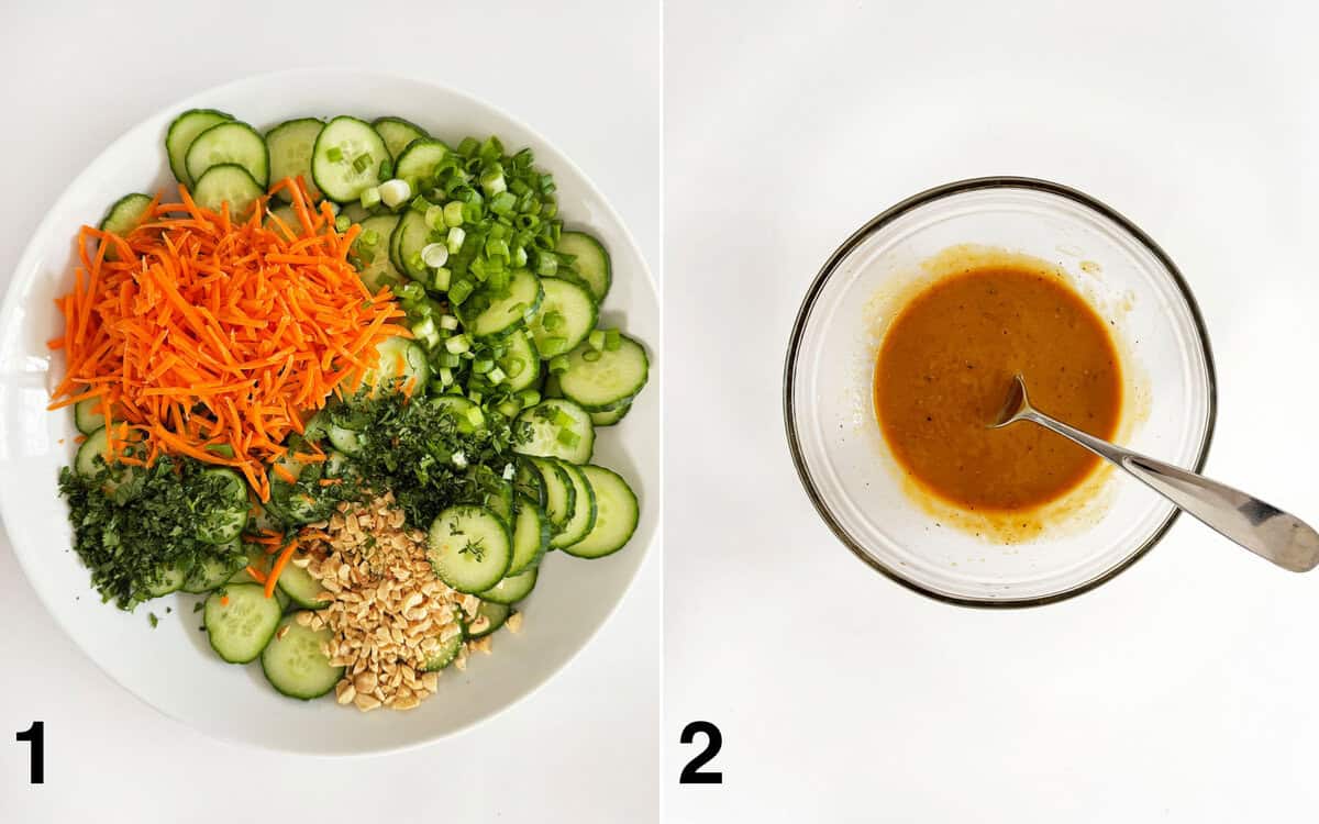 Salad ingredients assembled in a large bowl. Dressing stirred in a small bowl.