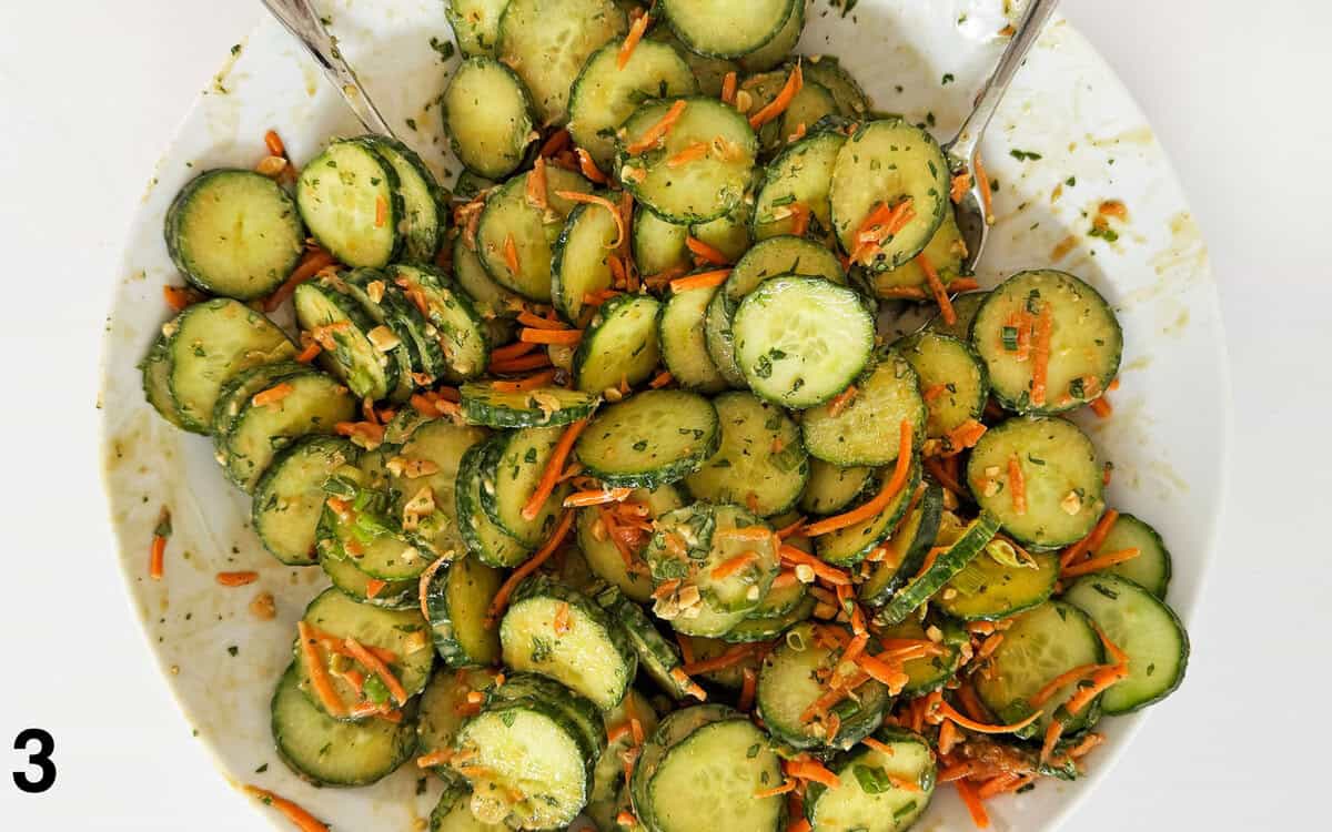 Salad ingredients tossed in a bowl with the dressing.