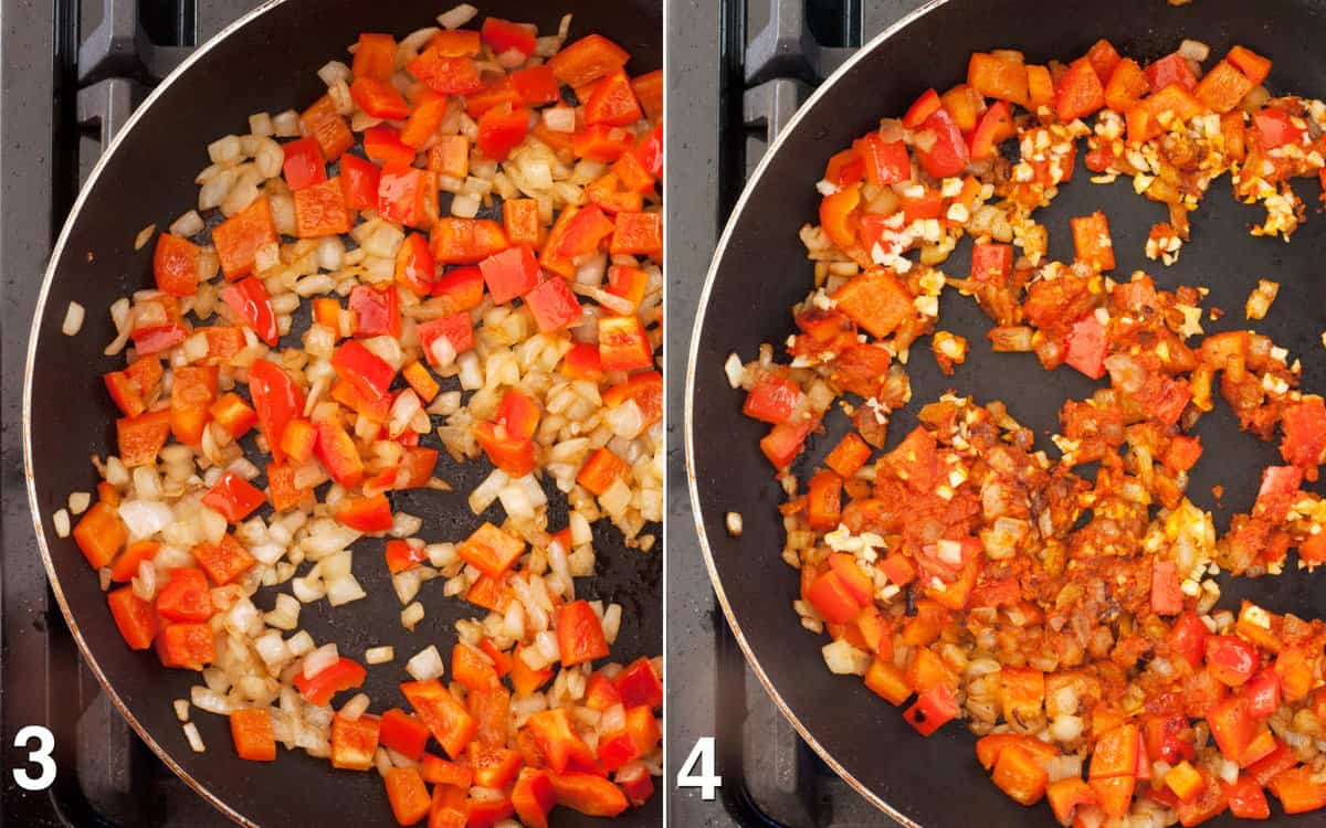 Sauté onions and peppers in the pan. Then add the red curry past, ginger, garlic, salt and pepper.