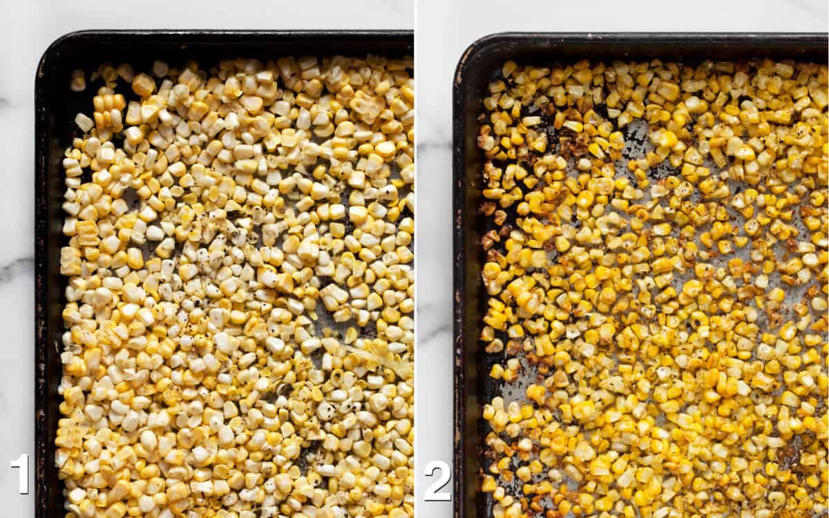 Corn on the pan before and after it is roasted.