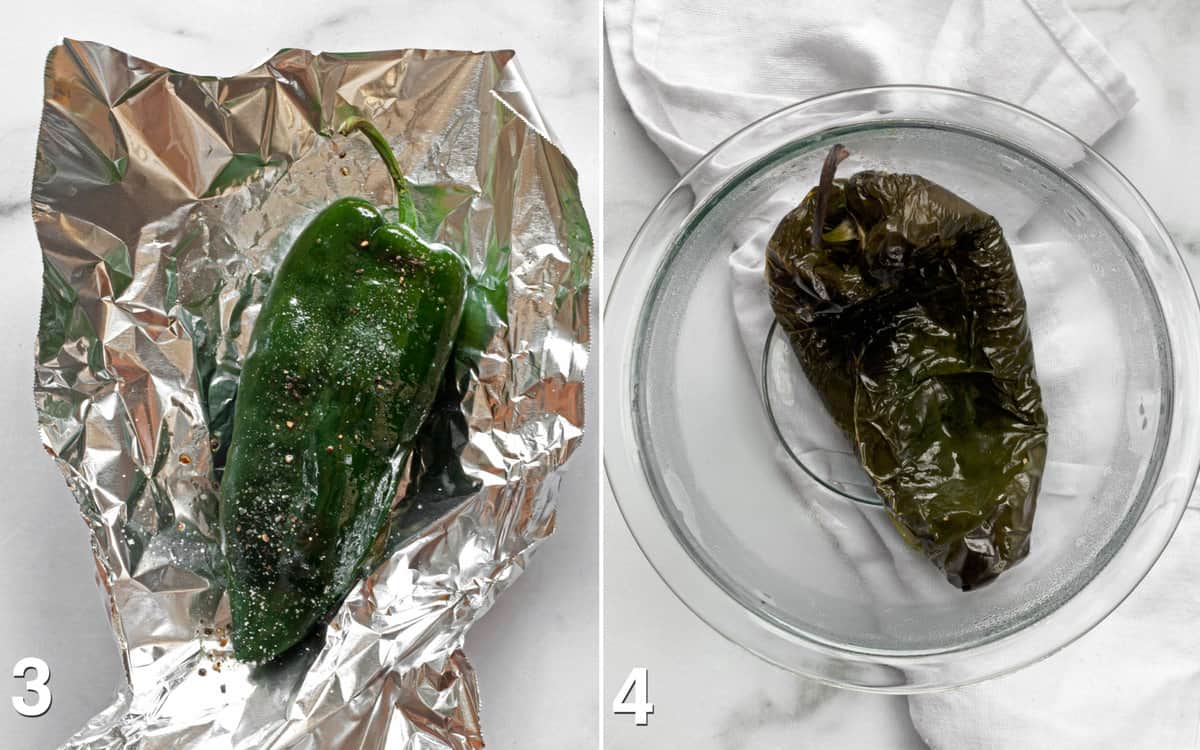Poblano pepper before and after it is roasted.