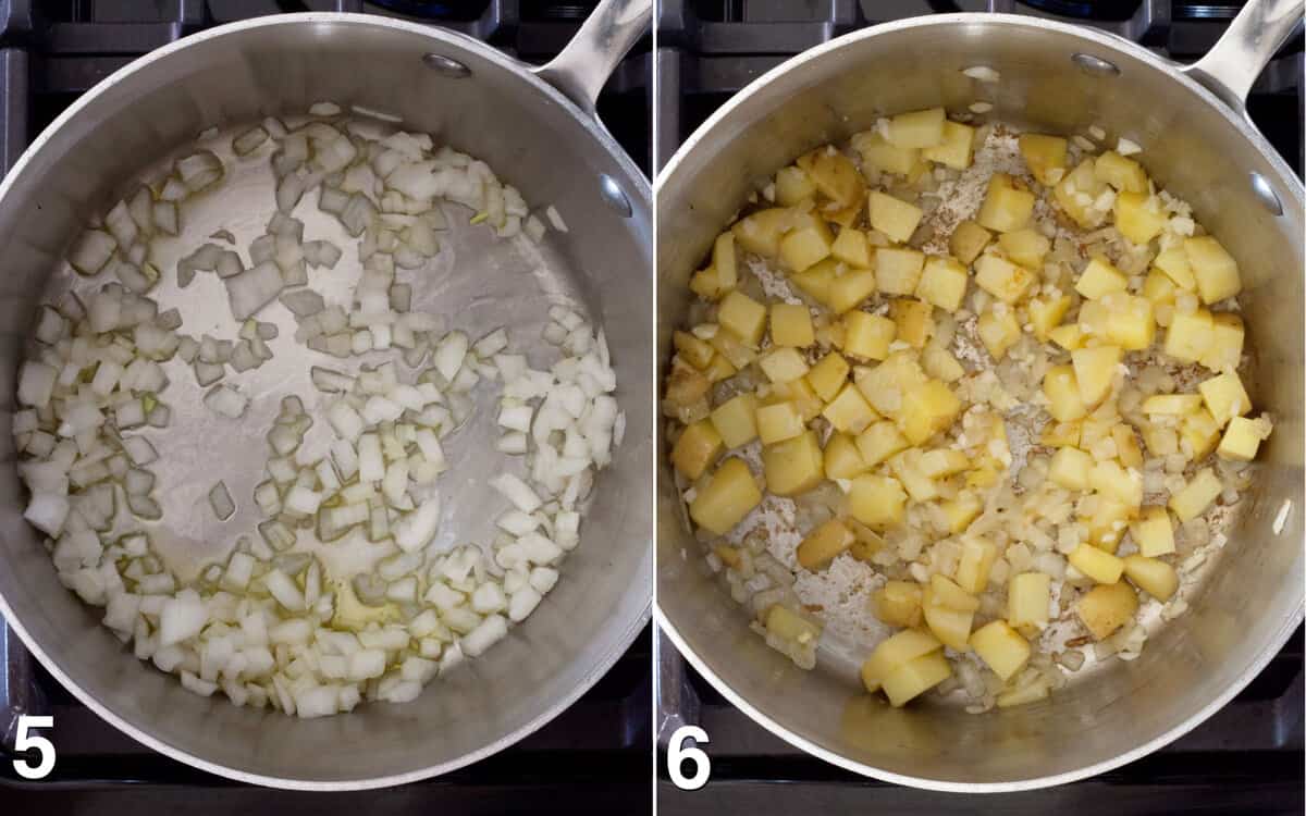 Onions sautéing in a saucepan. Potatoes and garlic stirred into onions.