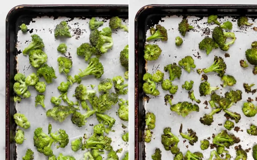Raw broccoli on a sheet pan and roasted broccoli on a sheet pan