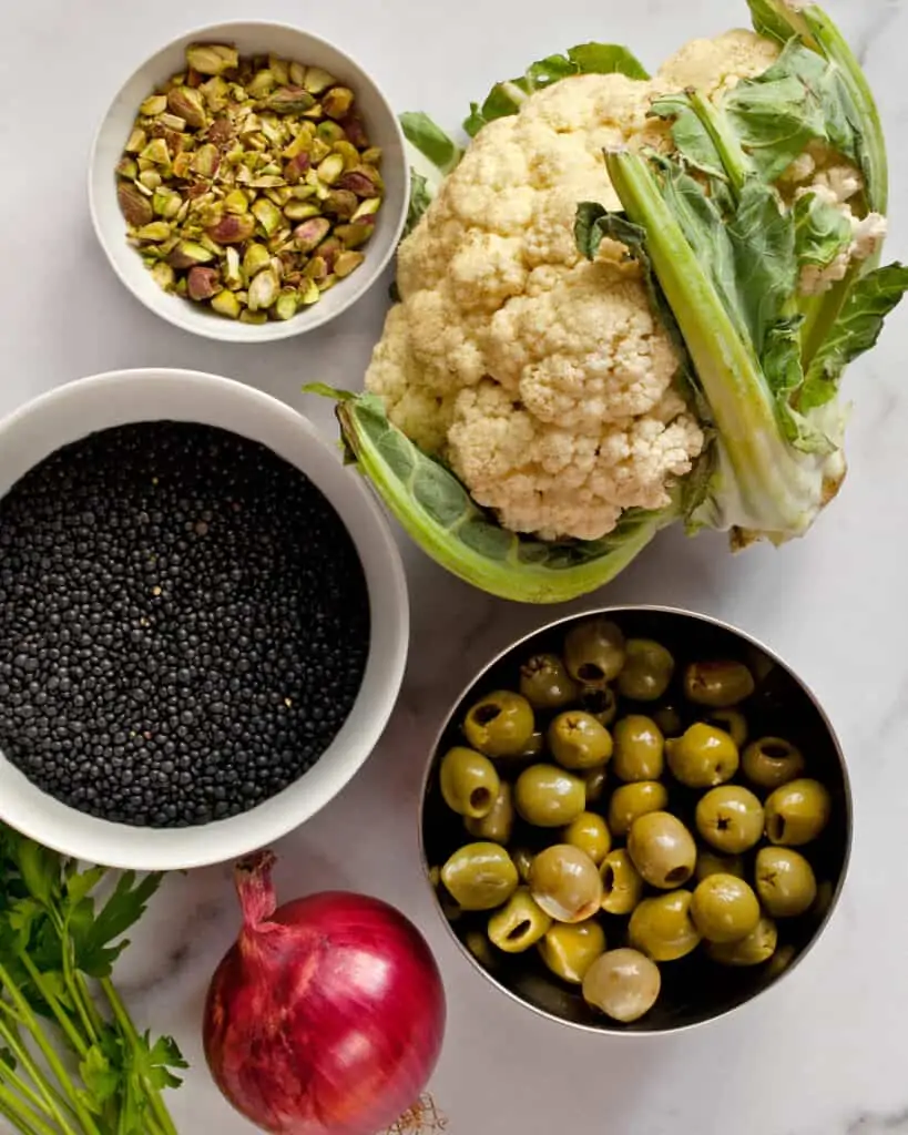 Ingredients for lentil salad with roasted cauliflower