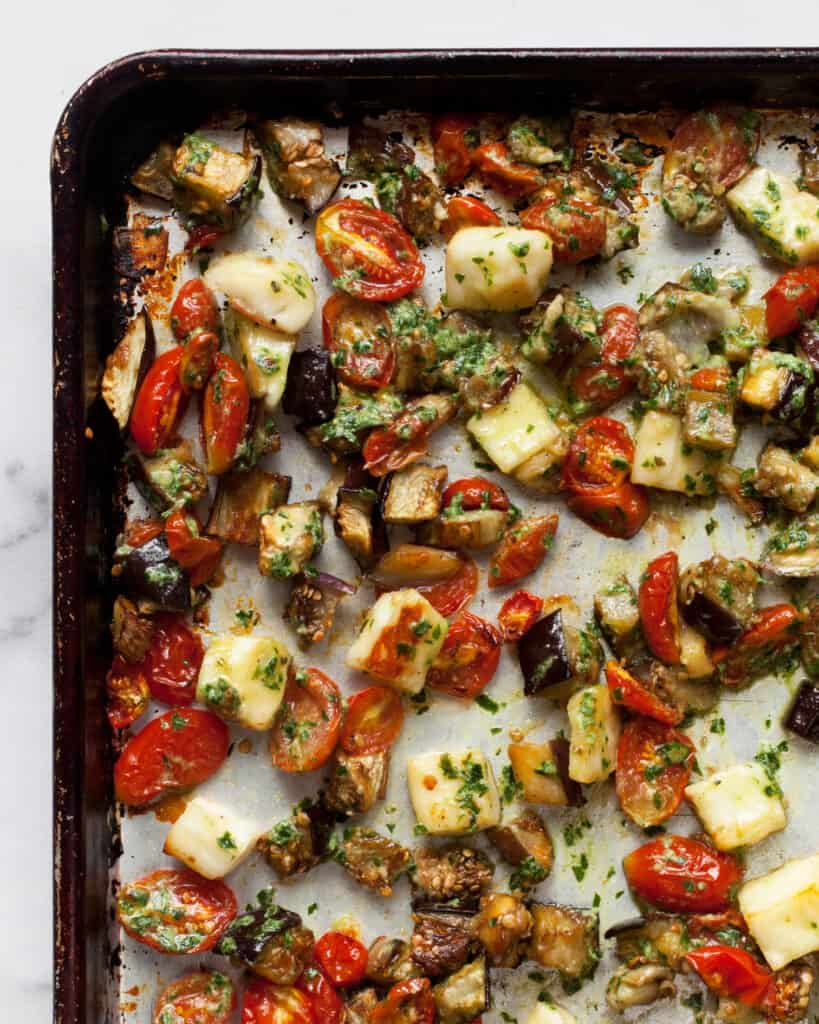 Sheet Pan Roasted Eggplant and Tomatoes with Halloumi