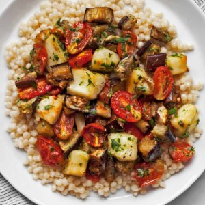 Roasted Eggplant and Tomatoes with Halloumi